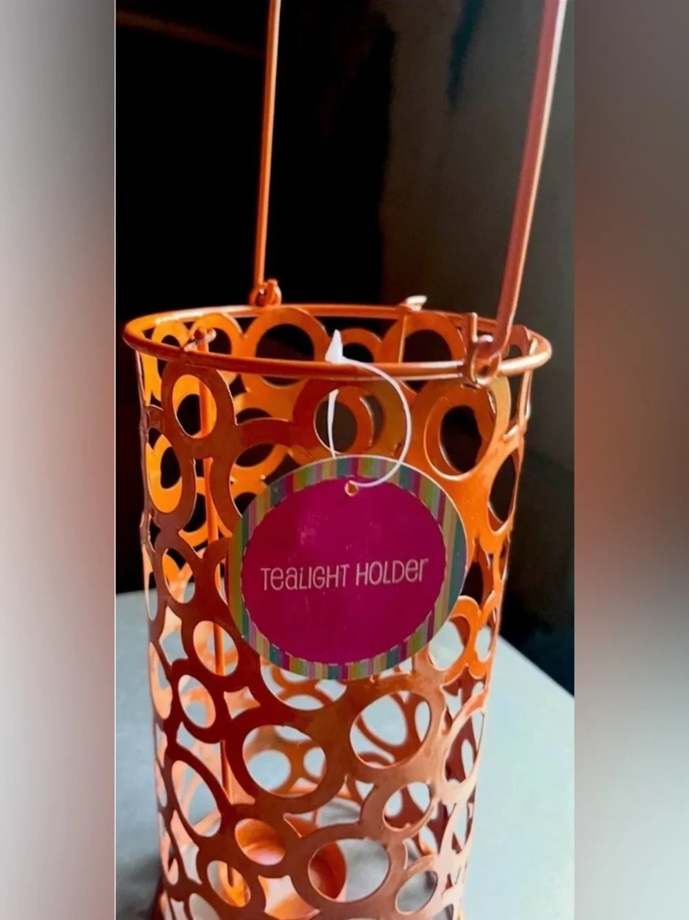 Orange Hanging Tealight Holder Metal Lantern Circle Cutout Boho Decor